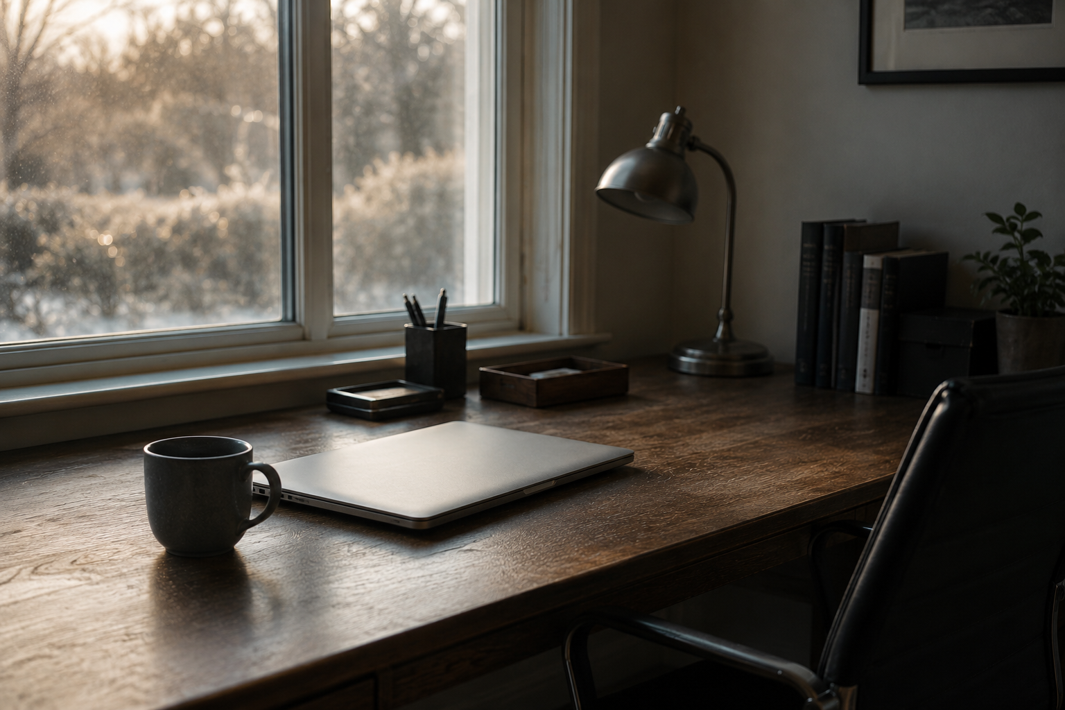 An empty desk by a window in early light: a closed laptop, a cold mug, the chair pushed back