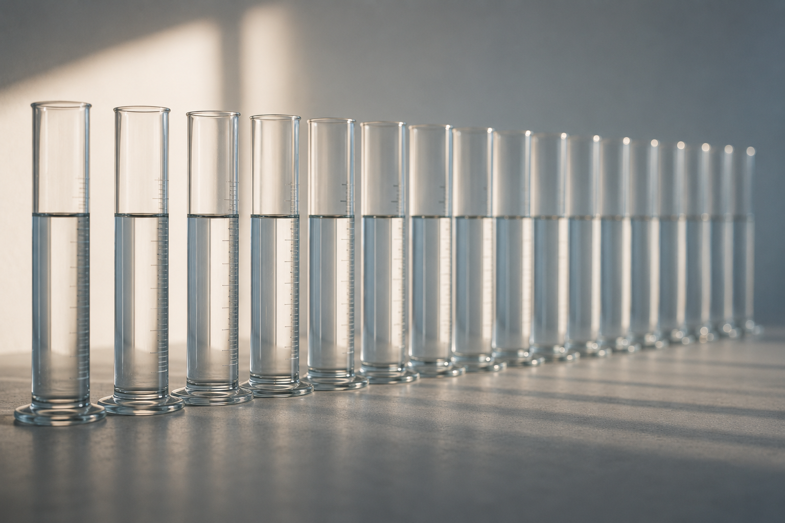 A row of identical cylinders filled to exactly the same line, their levels forming one straight horizontal