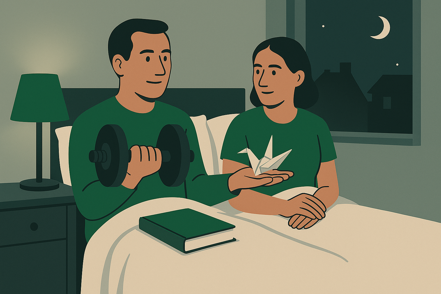 Difficulty in one hand, delight in the other, held level. Nobody has to choose. A dim bedroom at night. A man sits up in bed with a closed cloth-bound book resting on the covers in front of him, both arms held out from his body, palms up and level with each other. In one hand he holds a heavy black iron barbell, steady and without strain, his face calm. In the other, resting on his open palm, a small folded paper bird held with the same care. Beside him his partner is propped against the pillows, awake, turned toward him and waiting