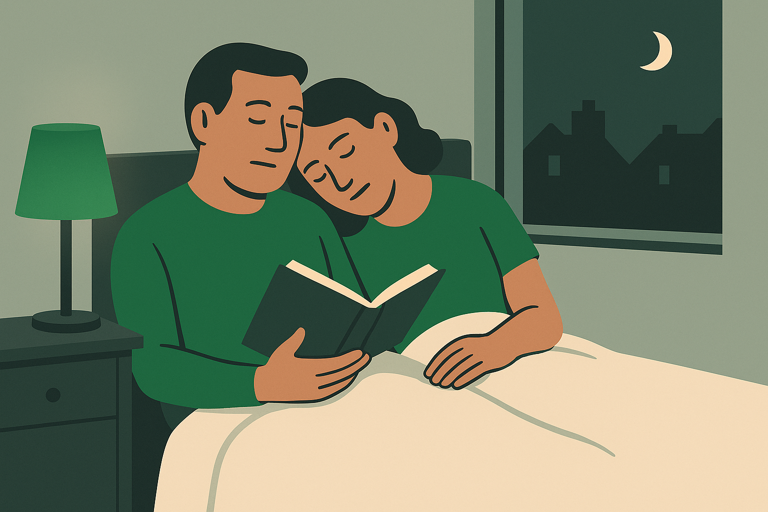 Every simile was a small build. Four pages in, it had put us both under. A dim bedroom very late at night. A couple have both fallen asleep sitting up in bed, heads tipped together against each other. He is still holding a cloth-bound book wide open in one hand, resting against the covers, his thumb marking the page. She is asleep beside him with her hands folded in her lap. The bedside lamp is still burning; neither of them turned it off
