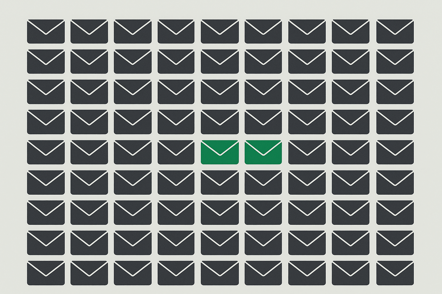 A grid of 113 small envelopes, all silent charcoal but two picked out in green