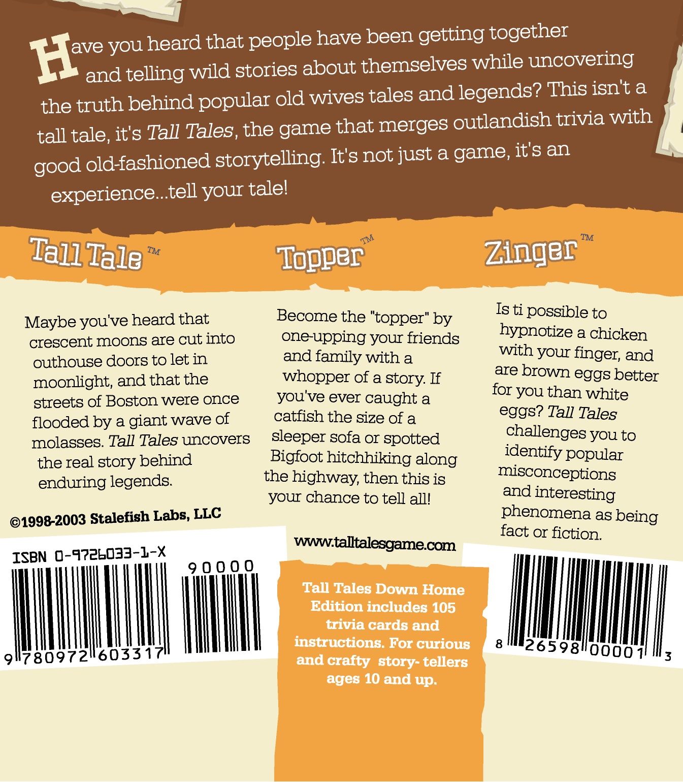 The back of the Down Home box, with the rewritten Tall Tale / Topper / Zinger copy and a 1998–2003 Stalefish Labs line.