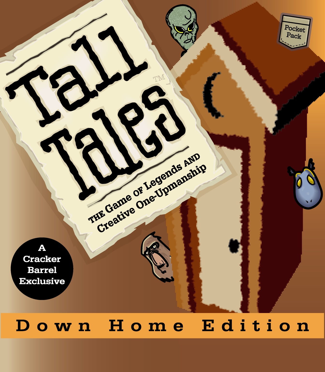 The Tall Tales Down Home Edition prototype box — the “A Cracker Barrel Exclusive” badge lower left, priced for the impulse shelf.
