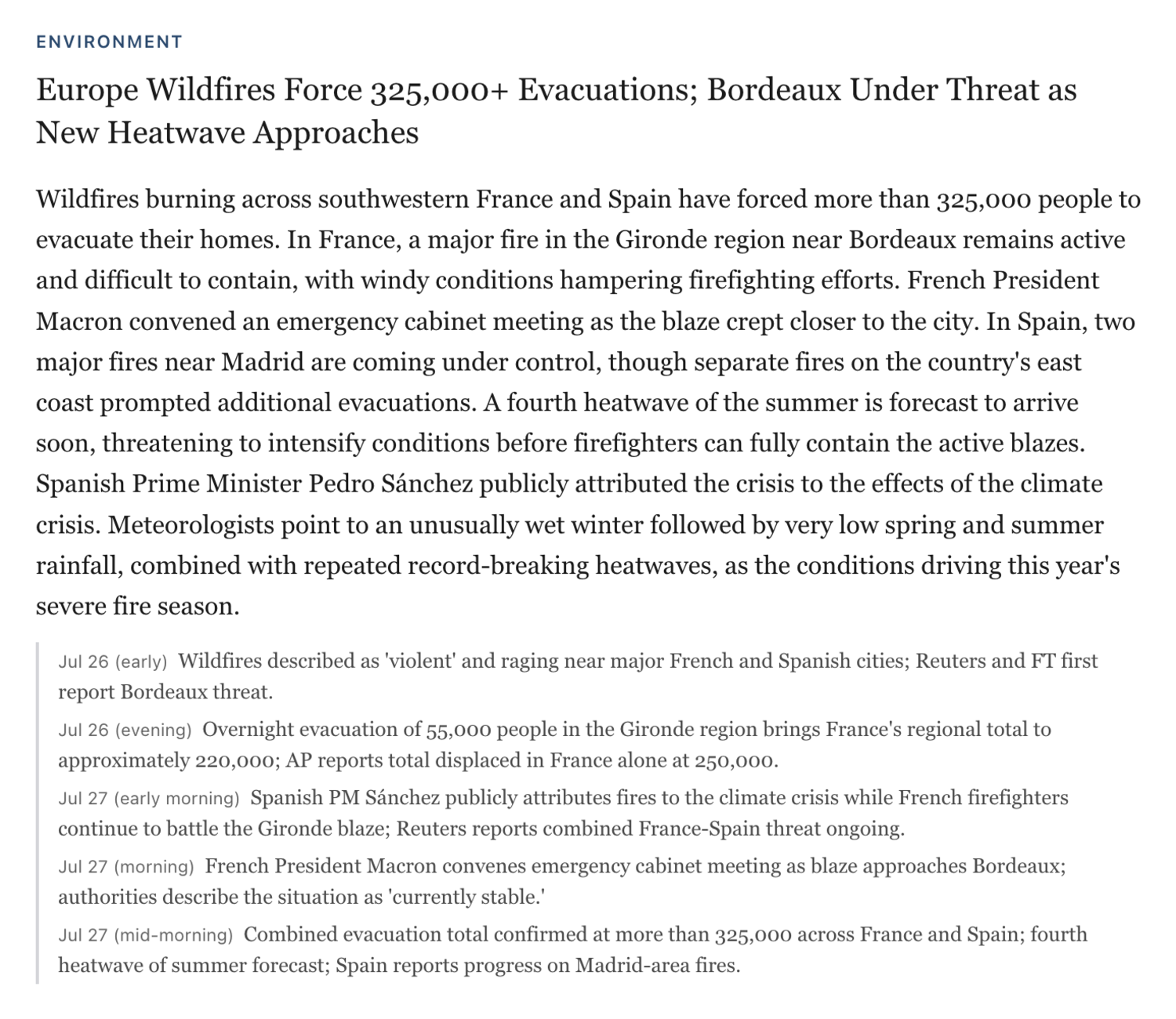 A Citizen’s Daily Brief item on European wildfires, with a five-entry chronology below the opening paragraph running from “Jul 26 (early)” to “Jul 27 (mid-morning)”
