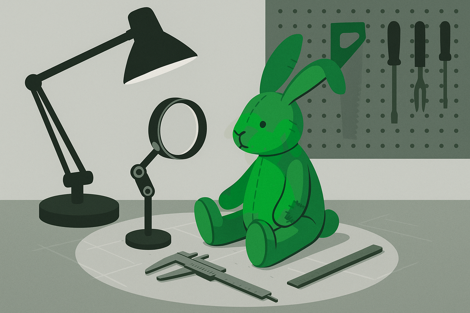 The instrument, on the bench. If it needs interpretation, it isn't a test. A worn kelly-green velveteen toy rabbit sitting in a pool of lamplight on a workbench, a magnifying loupe on a stand aimed at its face, calipers and a ruler laid out in front of it, hand tools hanging on a pegboard behind