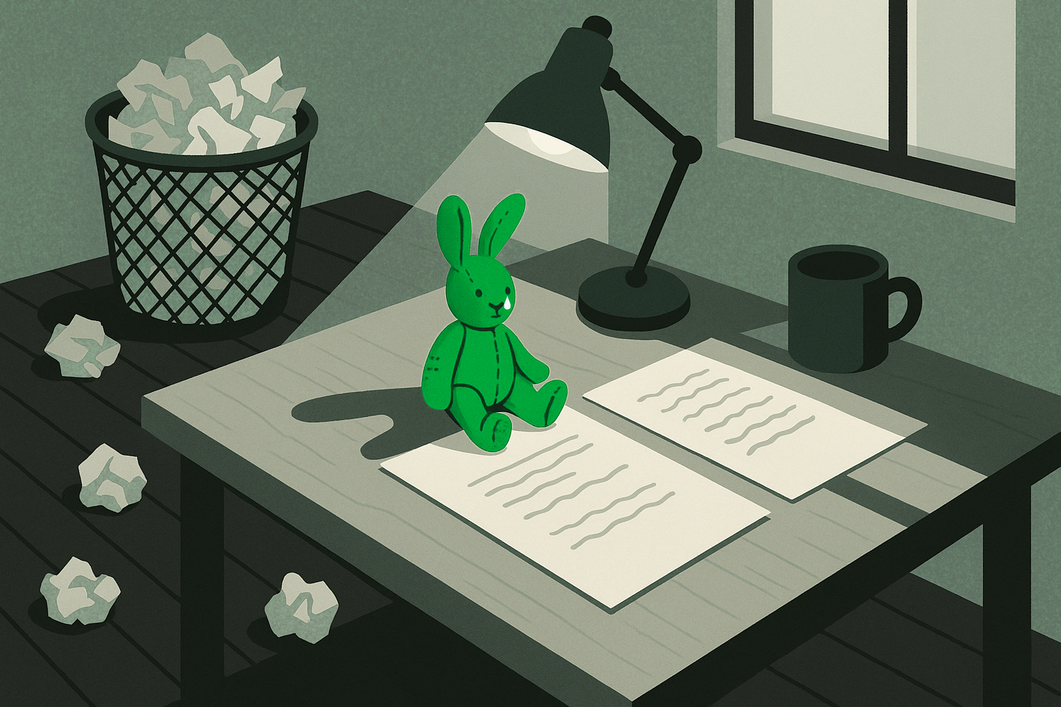What passing looks like: one page still on the desk, everything else on the floor. A writing desk under a lamp in a quiet room: a wire wastebasket overflowing with crumpled pages, more crumpled drafts on the floor, and on the desk two clean versions of the same page, the worn kelly-green velveteen rabbit sitting on the nearer one, a single tear under one eye