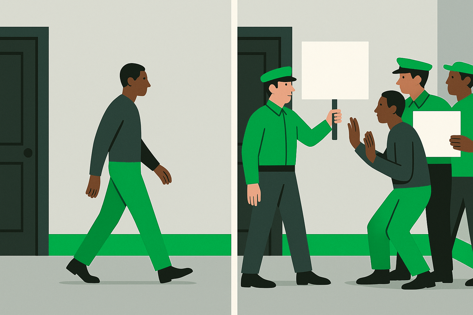 Two halves of the same corridor. On the left a man walks past a plain wall with a green band along the baseboard, unbothered, not breaking stride. On the right, a uniformed attendant has stepped into another man’s path holding a blank placard at eye level while two more attendants close in behind, and the man leans back with both hands raised