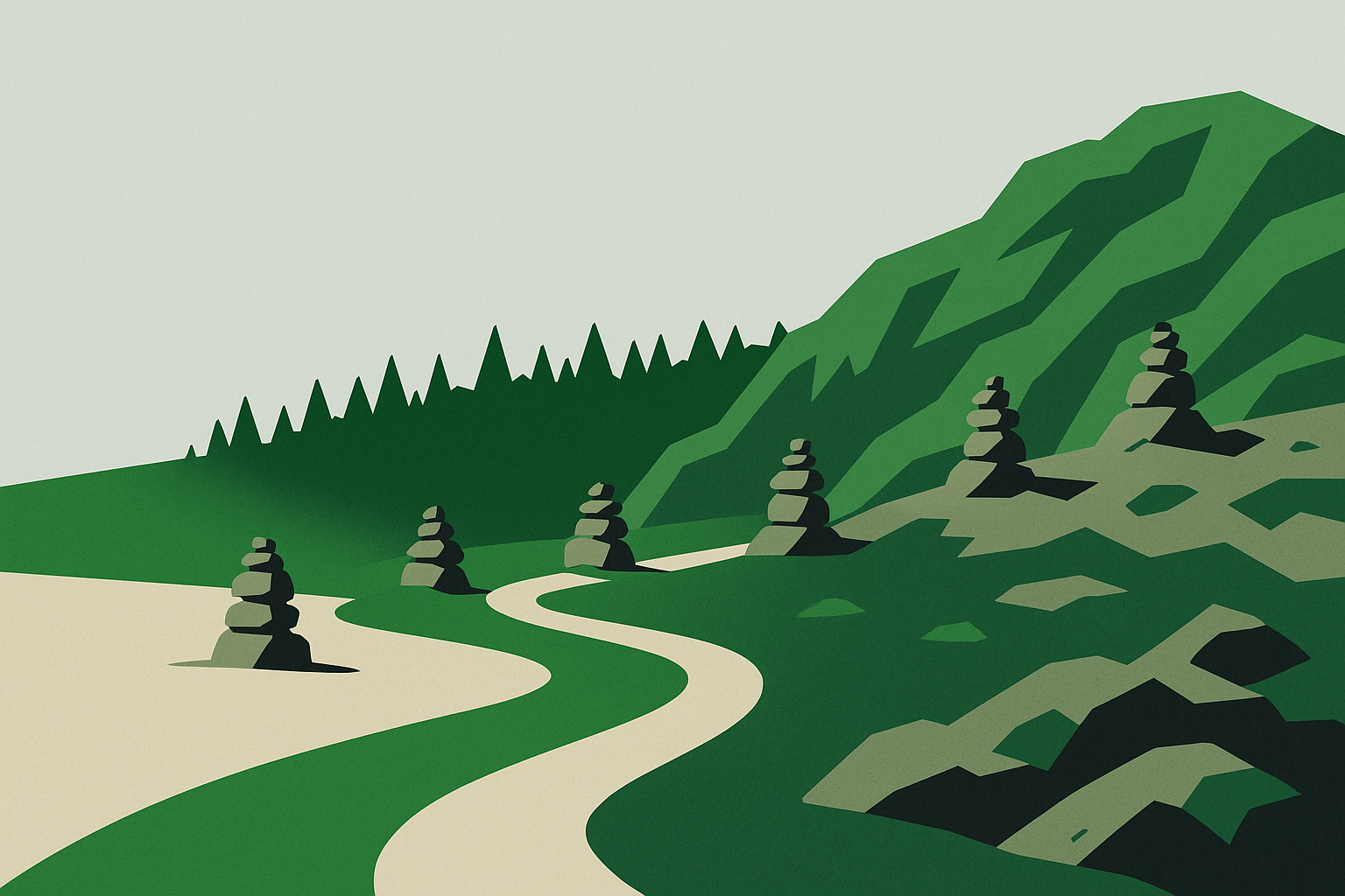 A trail winding across a landscape with small stacked stone cairns standing along it at intervals. The ground changes character as the trail crosses the frame — pale dry sand, then green meadow, then dark forest, then rocky scree — while the stone stacks on top of it stay the same