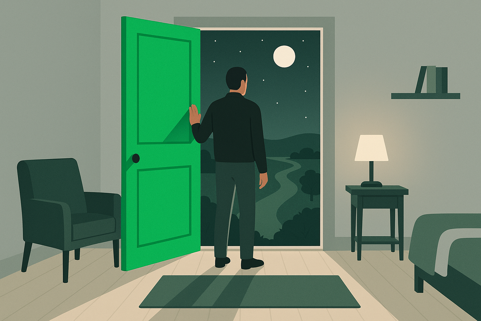 A quiet, plainly furnished room with pale walls and cream floorboards, a lamp lit on a side table, a chair, a rug. An interior door stands open, painted bright green, and beyond it there is no hallway or next room but open moonlit country: low hills, scattered trees, a pale track winding away into the distance under a wide starry sky. A figure stands on the threshold with their back to us, one hand on the door, about to step through