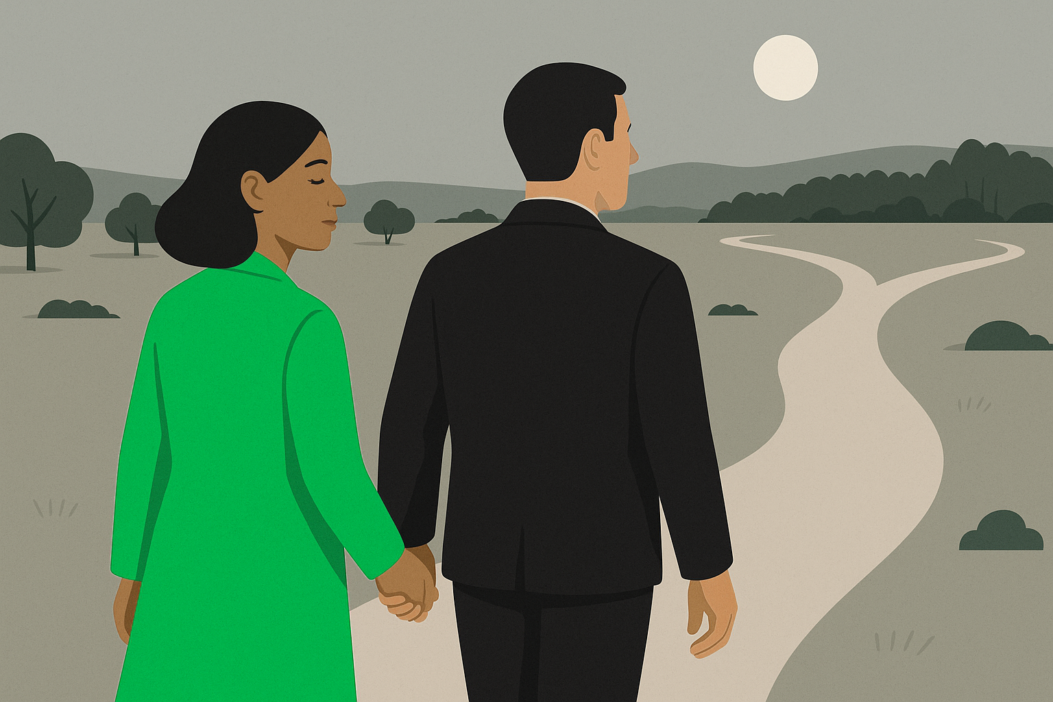 Two adults walking away from the viewer along a pale path across open moonlit country. The woman on the left wears a bright green coat and walks with her eyes closed, her face calm, led gently by the hand. The man beside her walks half a step ahead, looking forward to where the path divides into two branches that curve away toward different parts of the horizon