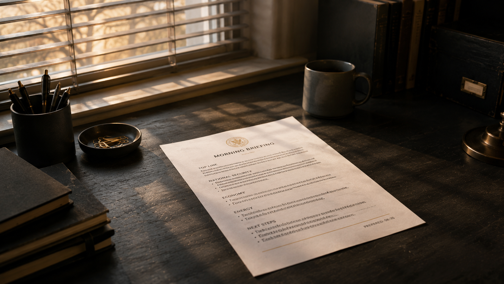 The daily brief: one page, built to be read in under ten minutes. A single printed morning brief on a desk in early window light, beside a coffee mug