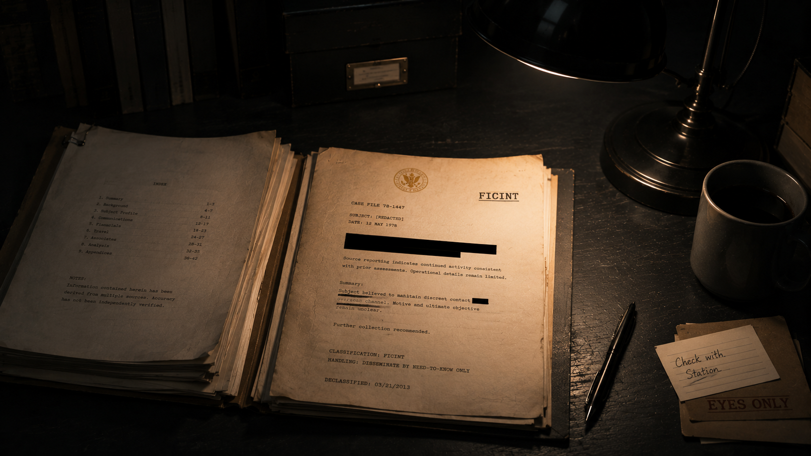 A FICINT dossier: fiction structured like a declassified case file. An open declassified-style case file headed FICINT, with redaction bars and a handwritten note