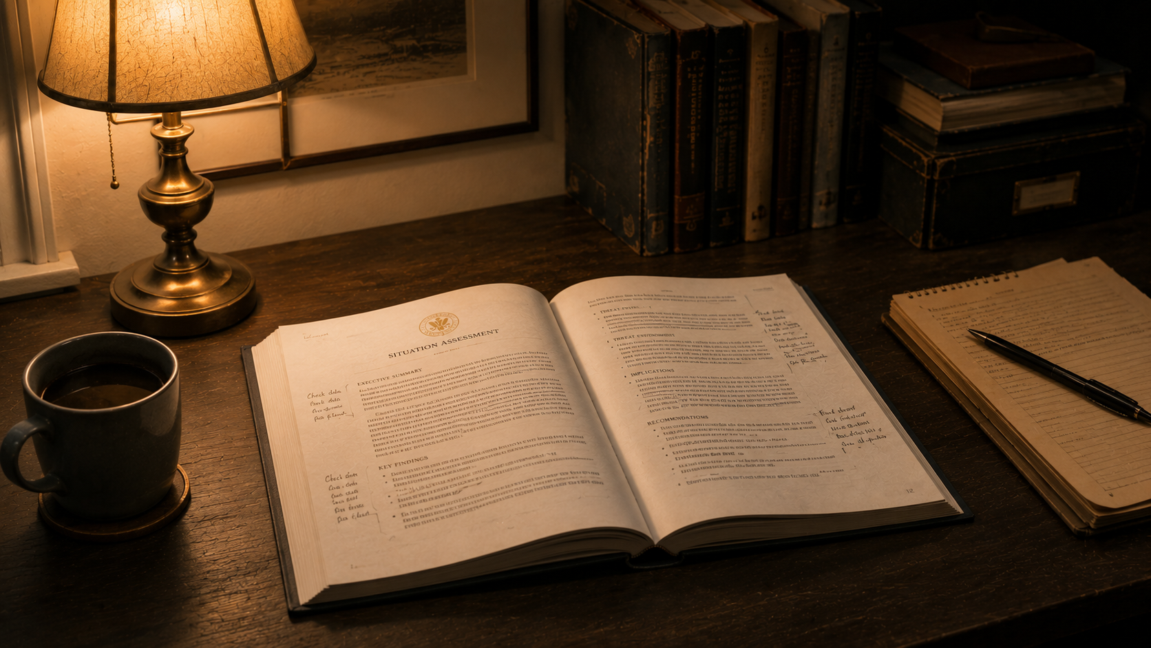 The weekly assessment: four to six thousand words, a Sunday read. An open bound volume under a warm desk lamp in the evening, beside a coffee and a notepad
