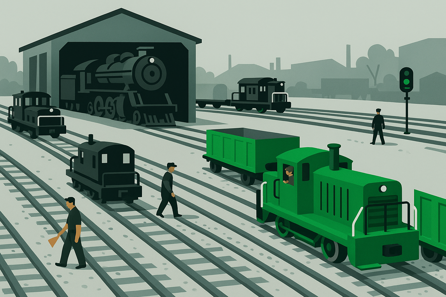 A rail yard where a small kelly-green switcher locomotive hauls the morning freight while a massive charcoal locomotive rests in its shed, held back for the heavy run