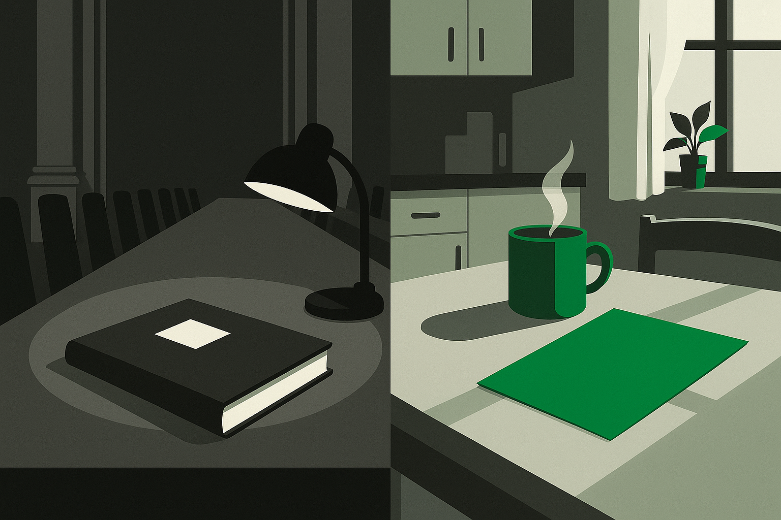 Split scene: a thick dossier under a desk lamp in a dark ceremonial briefing room, beside a sunlit kitchen table holding a steaming mug and a slim green one-page brief