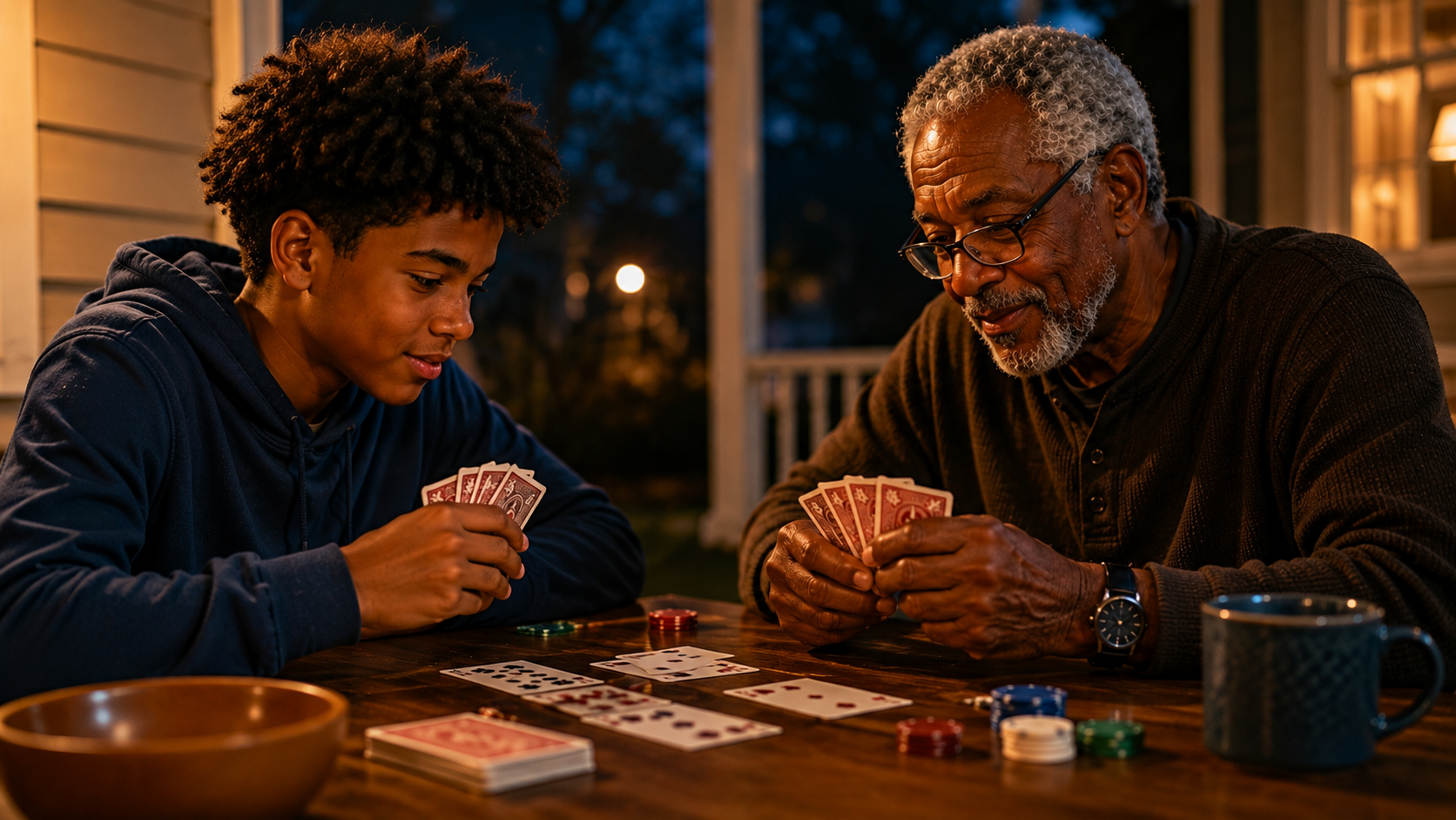 Made briefly equal — same rules, same rotten luck of the draw. A teenager and a grandfather, made briefly equal by the same cards