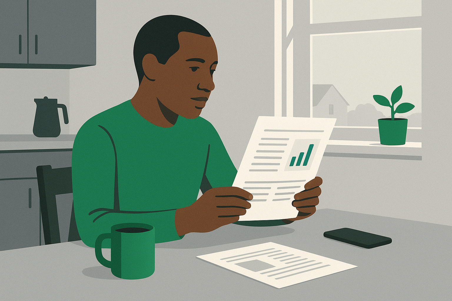 The whole product experience: one page, a coffee, the phone face-down. When you reach the end, you're done — there's no next thing to scroll to. A person reading a single printed one-page brief at a kitchen table, phone face-down