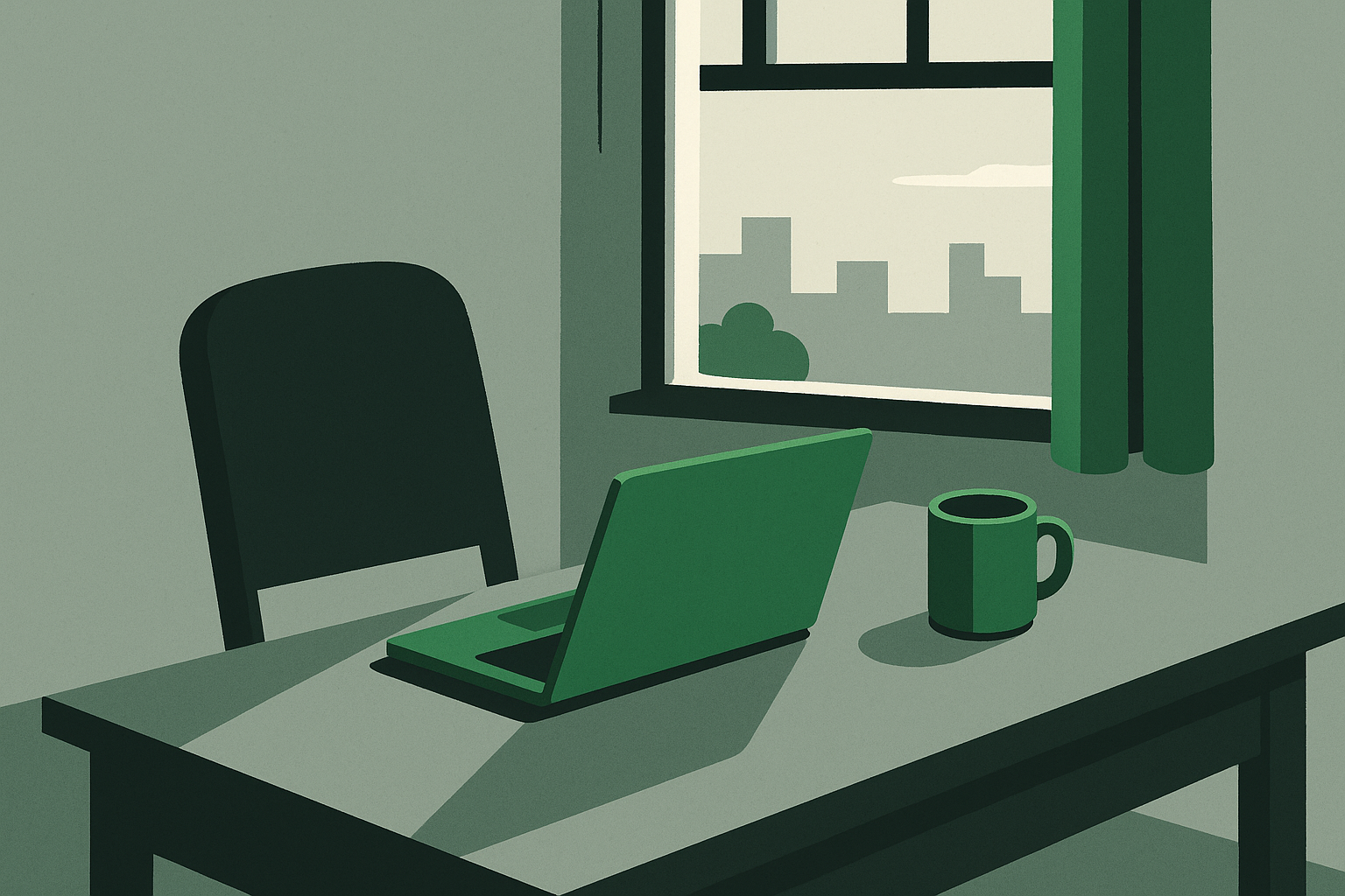 The morning review lasted three days. Nobody sits here now; the brief ships anyway. An empty desk by a window in early light: a closed laptop, a cold mug, the chair pushed back