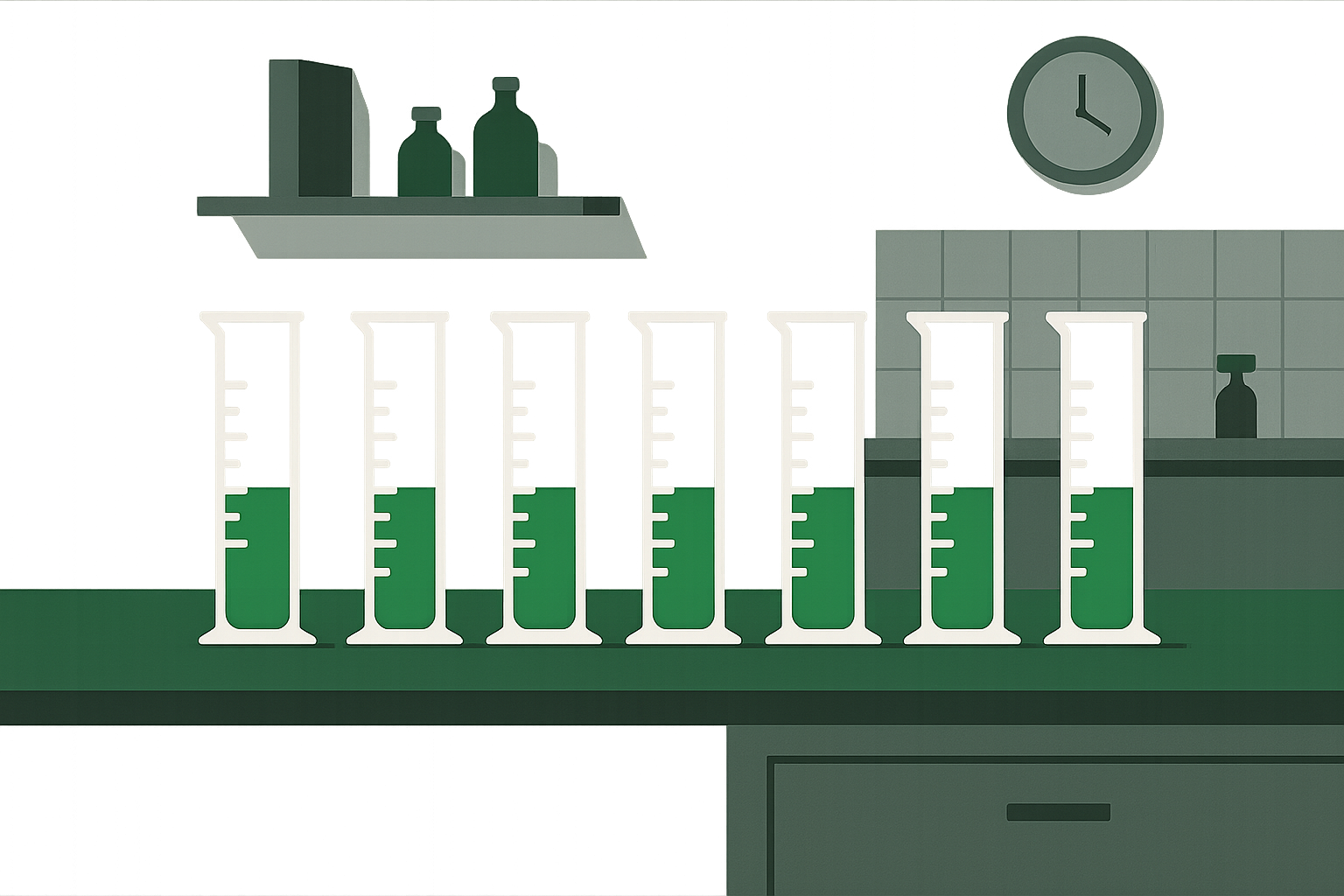 The same bar, every item, every day. That flat line is the whole product. A row of identical cylinders filled to exactly the same line, their levels forming one straight horizontal