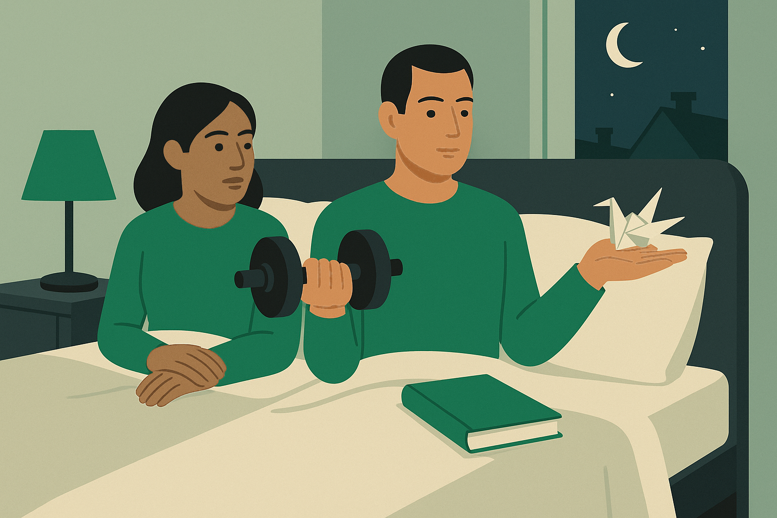 Difficulty in one hand, delight in the other, held level. Nobody has to choose. A dim bedroom at night. A man sits up in bed with a closed cloth-bound book resting on the covers in front of him, both arms held out from his body, palms up and level with each other. In one hand he holds a heavy black iron barbell, steady and without strain, his face calm. In the other, resting on his open palm, a small folded paper bird held with the same care. Beside him his partner is propped against the pillows, awake, turned toward him and waiting