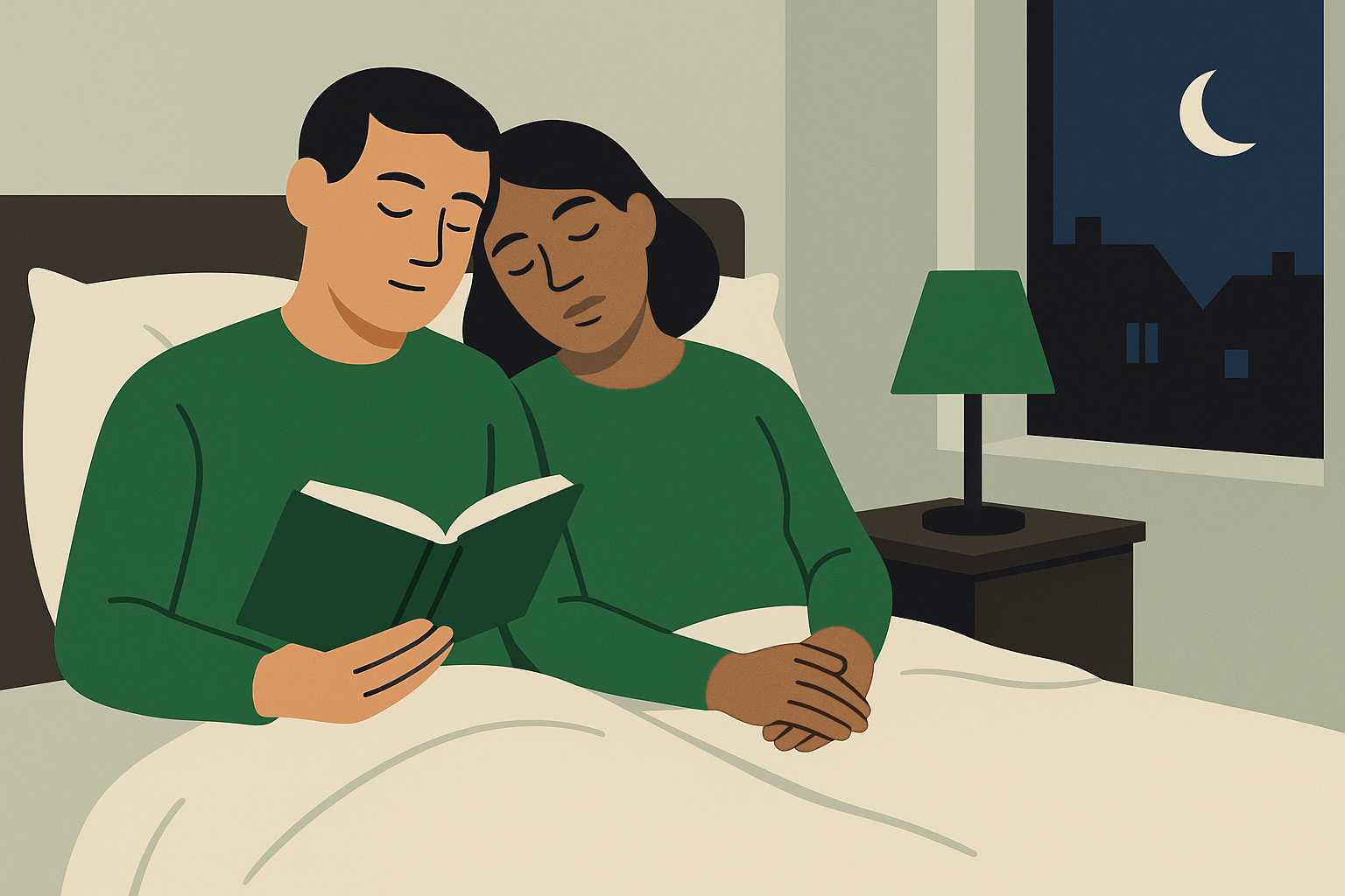 Every simile was a small build. Four pages in, it had put us both under. A dim bedroom very late at night. A couple have both fallen asleep sitting up in bed, heads tipped together against each other. He is still holding a cloth-bound book wide open in one hand, resting against the covers, his thumb marking the page. She is asleep beside him with her hands folded in her lap. The bedside lamp is still burning; neither of them turned it off