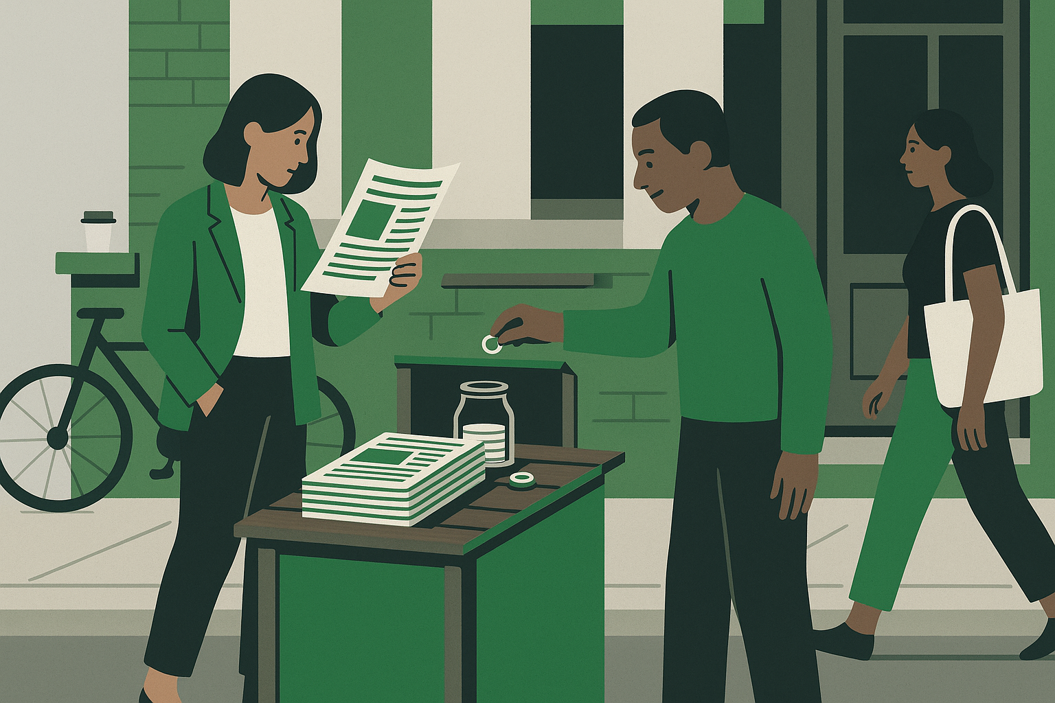 No clerk, no turnstile. Take a brief; leave a coin if it was worth one. A sidewalk newsstand run on the honor system: one person reads a single-page brief while another drops a coin into an unattended jar beside the free stack, no clerk in sight