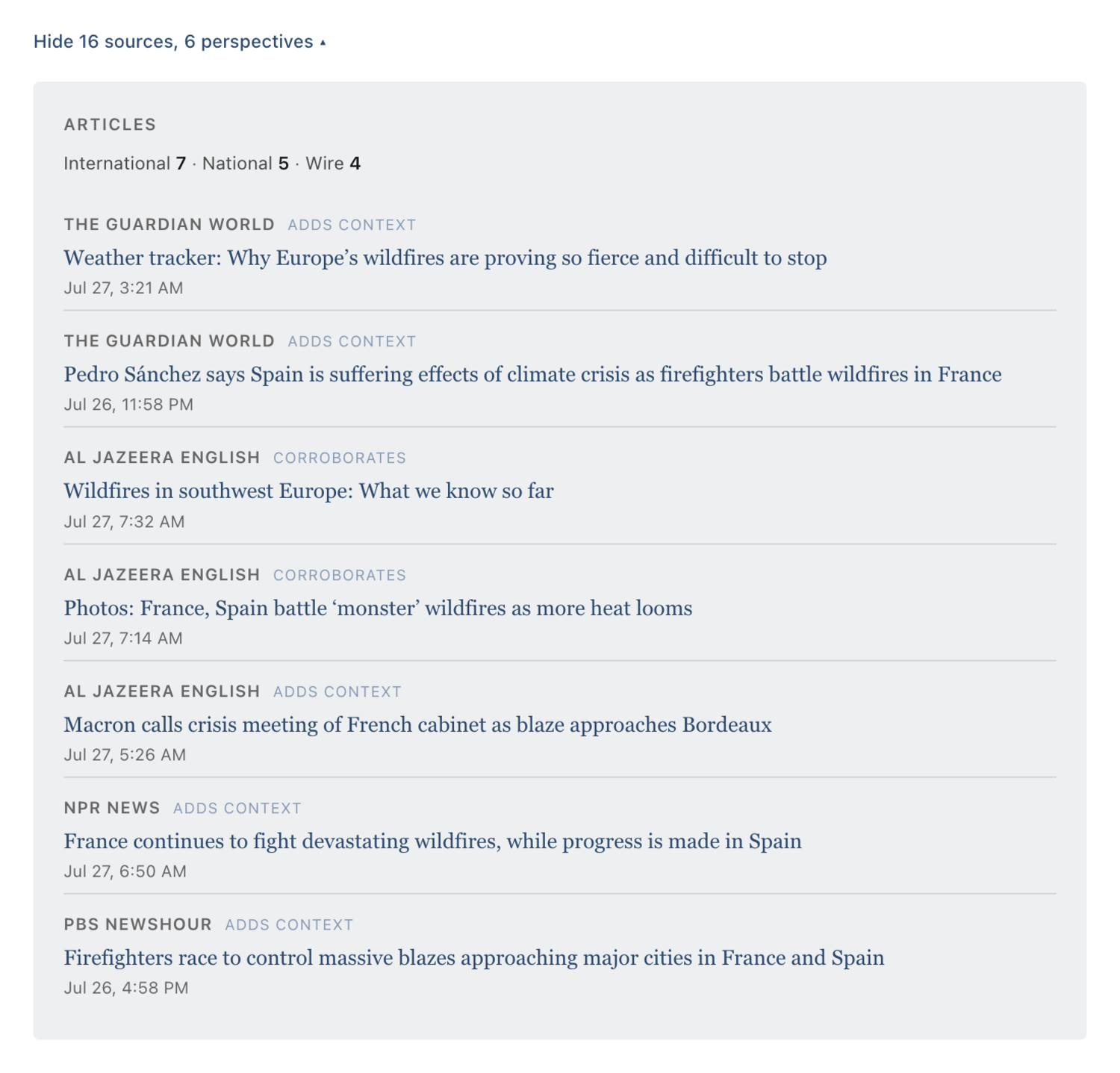 The discovery clock. Sixteen articles, six perspectives, every filing timestamped. The expanded evidence panel’s Articles section: sixteen sources counted by outlet type, each with a role label like CORROBORATES or ADDS CONTEXT and a timestamp
